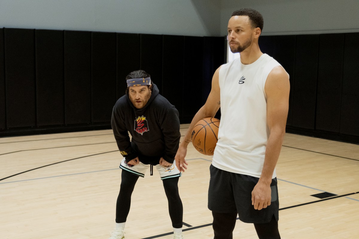 MR. THROWBACK -- "TBD" Episode TBD -- Pictured: (l-r) Adam Pally as Danny, Stephen Curry as himself— (Photo by: David Moir/Peacock)