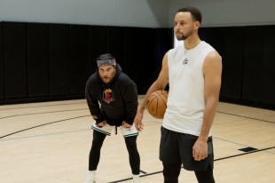 MR. THROWBACK -- "TBD" Episode TBD -- Pictured: (l-r) Adam Pally as Danny, Stephen Curry as himself— (Photo by: David Moir/Peacock)