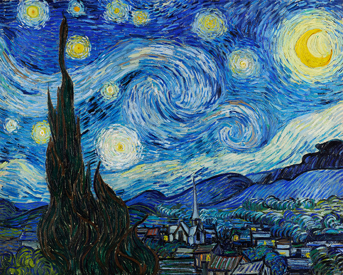 Vincent Van Gogh's 'Starry Night', landscape depicting a blue swirly sky over a city. One of the artworks featured in the 3D IMAX film, 'Lasting Impressions'.